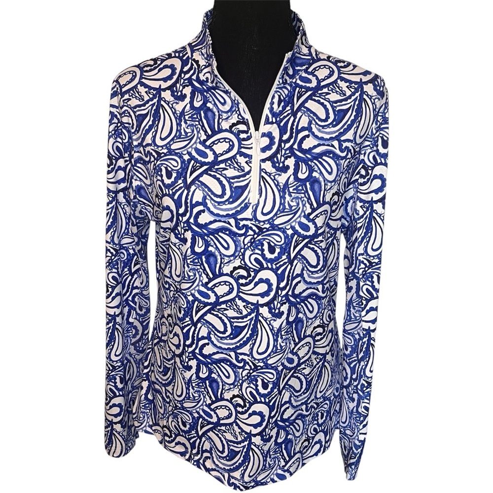 GOTTEX Golf Tennis Shirt Long Sleeve Mock 1/4-Zip Blue Paisley Sz M Activewear